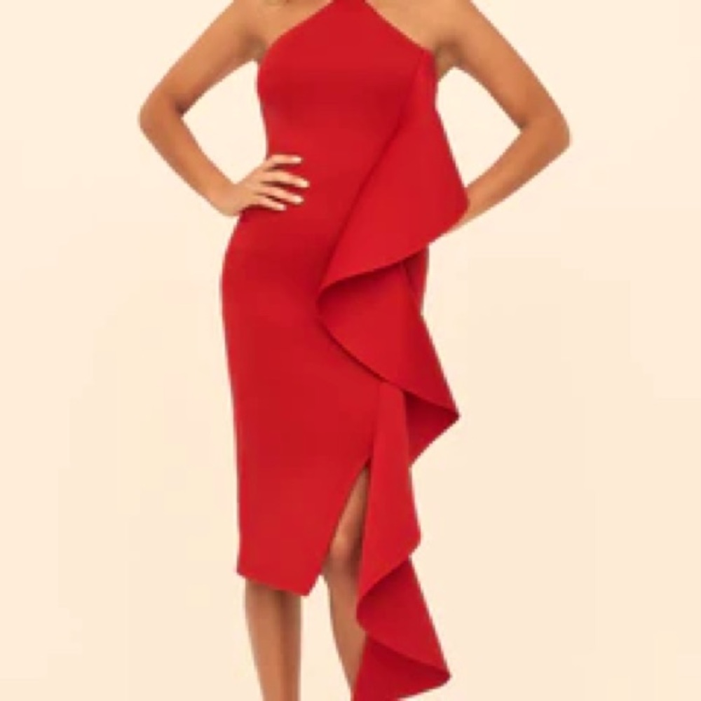 NWT Lavish Alice Strappy Ruffle Scuba Midi Dress, Crimson, SZ US 10